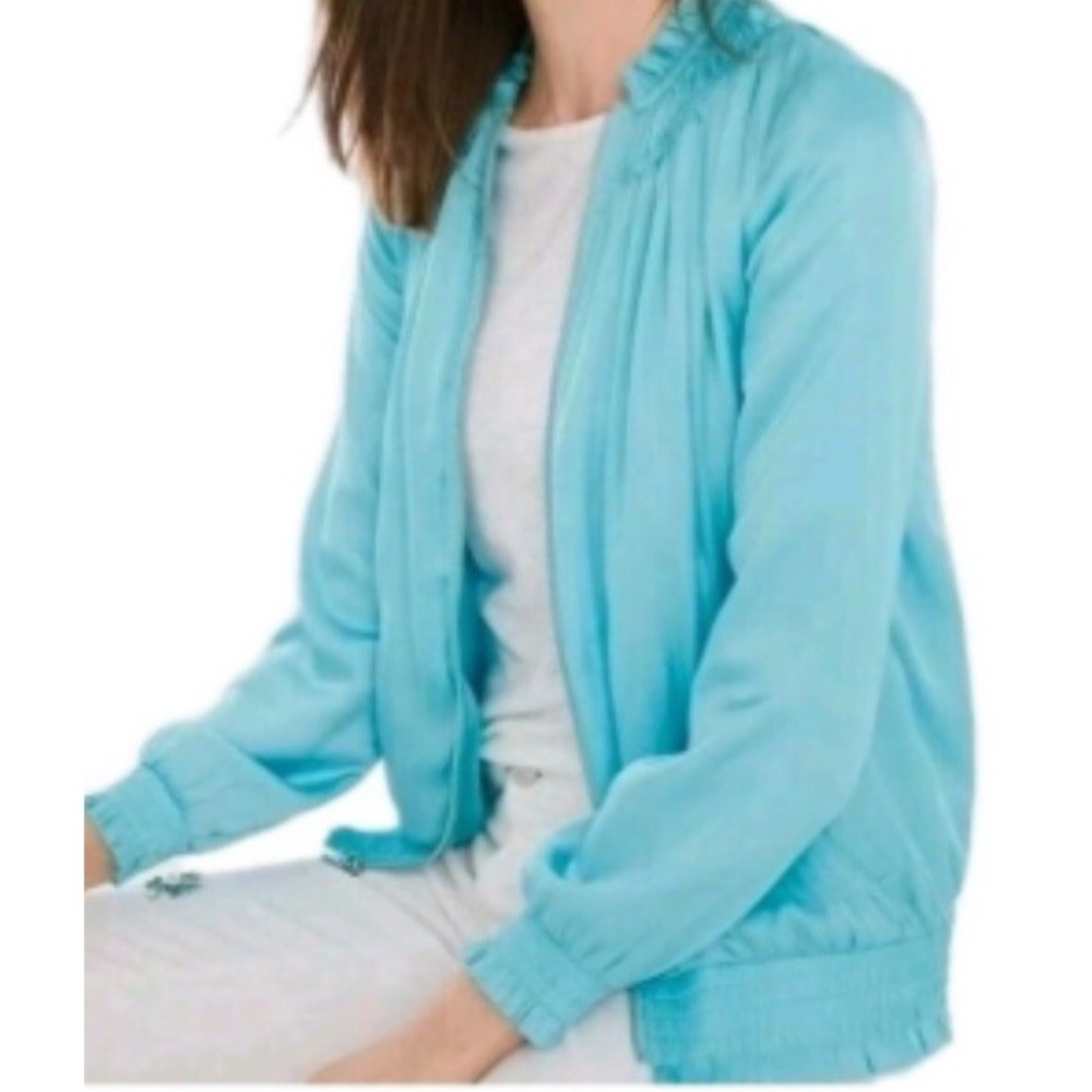 Chico's Shirred Satin Bomber Jacket‎ Woman 2 M Clear Aqua Blue Ruffled Zip Up